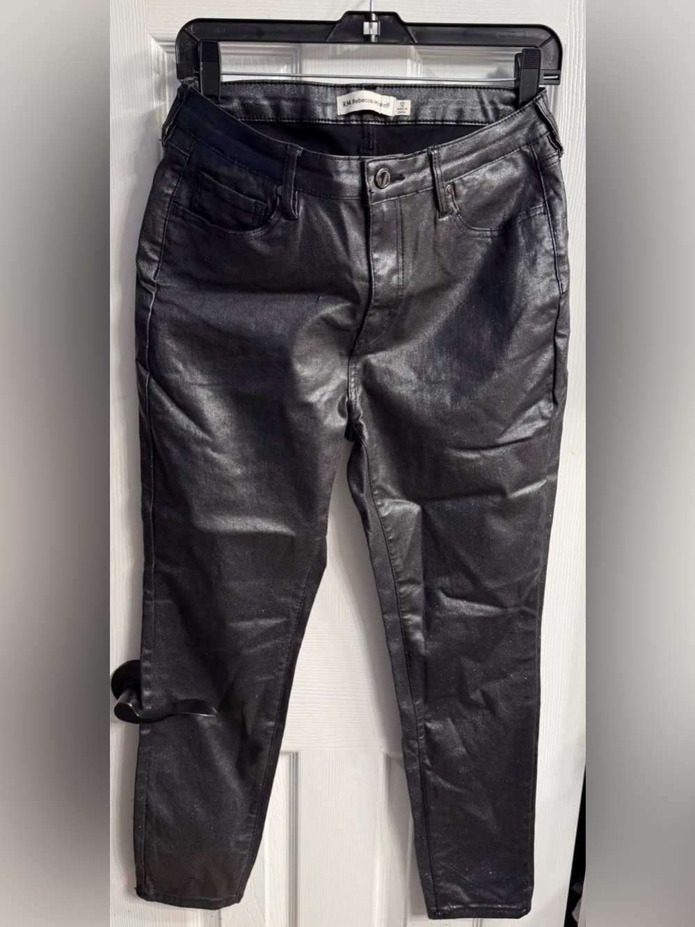 Rebecca Minkoff size 12 pants, faux black leather with sparkles.
